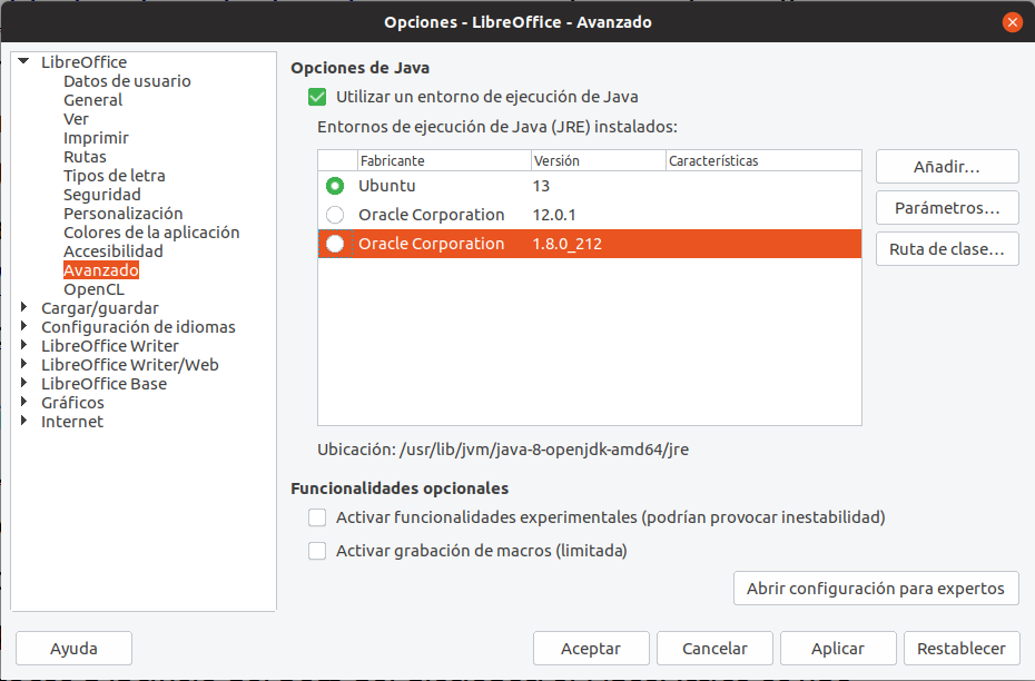 Java en LibreOffice